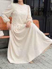 Feyla Plus Size Women's Jacquard Round Neck Pleated Casual Party Dress - Apricot - View 4