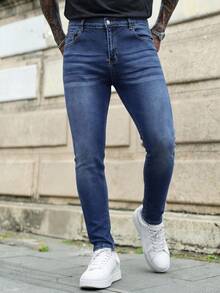 Manfinity Homme Men's Plus Size Casual Washed Slim Fit Jeans - Blue - View 3