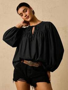 Travachic Plus Size Women's Long Sleeve Round Neck Tie Front Solid Black Bohemian Style Elegant Blouse, Lantern Sleeve Outing Top, Beach Office Vacation Fall - Black - View 5