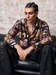 Skyrend Men Patchwork Print Long Sleeve Shirt, Fallemo Gothic Punk Streetwear For Emo Boy Grunge - Multicolor - View 8