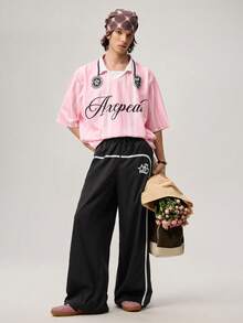 Men's Wide Leg Printed Drawstring Waist Street Pants, Fall Wide Leg - Black - View 6
