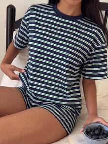 CovetEZ 休閒極簡風皇家藍與綠色條紋印花女款兩件套，秋季穿搭，適合日常通勤、派對、秋冬/夏季、聖誕節、新年、感恩節、婚禮、海灘、畢業典禮、優雅、外出、約會、通勤、情人節、度假、Y2K、畢業典禮等場合 - 彩色 - 查看 4