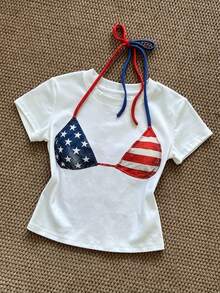 IslaSuriya Women's Independence Day White And Red Print T-Shirt Vacation Summer Tropical Y2k Casual - White - View 1