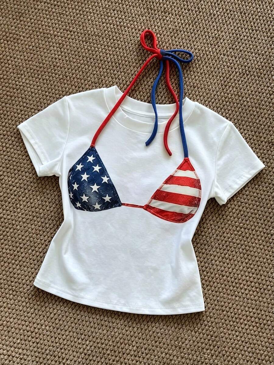 IslaSuriya Women's Independence Day White And Red Print T-Shirt Vacation Summer Tropical Y2k Casual - White - View 1