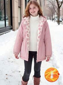 SHEIN Elladie kids 1件少女冬季新款粉色花卉保暖內裡拉鍊外套，附彈性腰部與連帽，加厚保暖休閒通勤百搭簡約時尚防寒夾克 - 粉色 - 查看 4