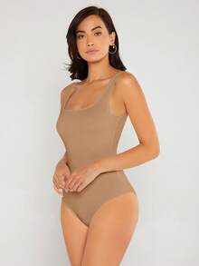SHEIN BASICS 大尺碼女款純色修身百搭日常連身衣 - 杏色 - 查看 3