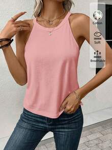 SHEIN LUNE 95%棉女款休閒修身掛脖背心，適合夏季 - 藕粉色 - 查看 6