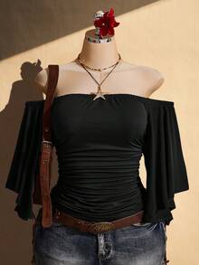 SHEIN ICON Women's Plus Size Solid Color Off-Shoulder Ruched Waist Blouse - Black - View 1