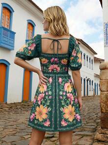 CAJUNI Women's Vacation Floral Print Square Neck Short Puff Sleeve Elegant Dress - Dark Green - View 2