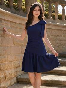 SHEIN Tween Girls Elegant Back To School Navy Blue Asym Neck Removable 3D Bow Slvless Textured Dress With  Polyester Sixth Form,Graduation,Party - Navy Blue - View 1