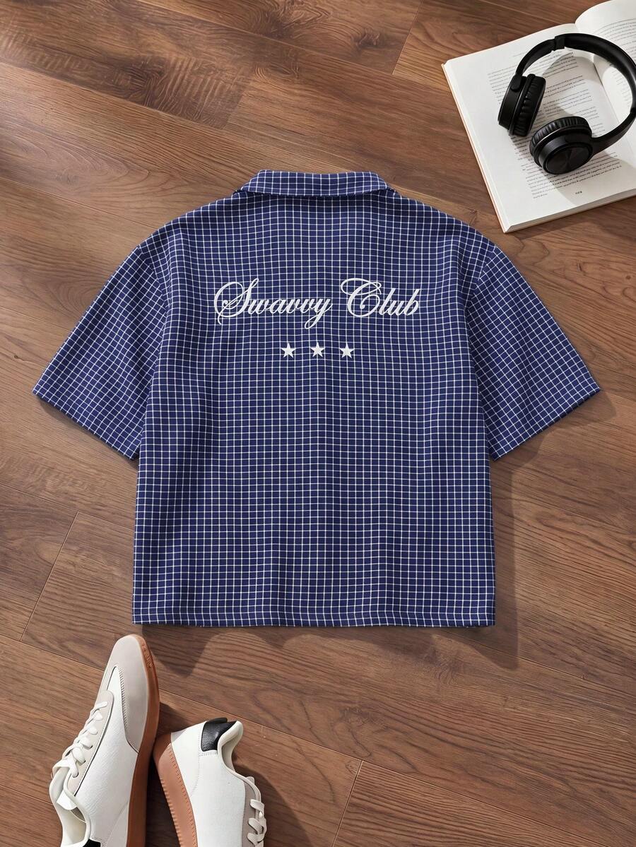 SWAVVY Men's Letter Plaid Single-Breasted Short Sleeve Shirt - Navy Blue - View 1