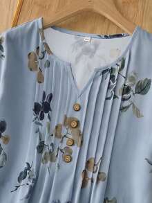 Rusticease Women's Floral Print Button Design Notch V-Neck Blouse For Middle-Aged And Elderly - Dusty Blue - View 6
