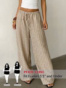 SHEIN PETITE CURVE 大尺碼女款條紋寬腿鬆身長褲，附腰部綁帶 - 棕色 - 查看 1