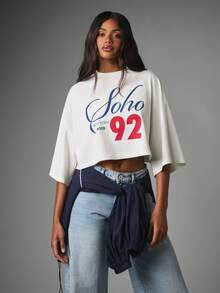 MISSGUIDED Soho New York 92 Graphic Print Cropped Oversized Crew Neck Short Sleeve Sweatshirt Top - White - View 3