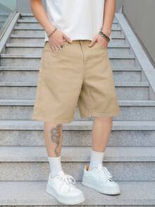 Manfinity EMRG 男士宽松百慕大牛仔短裤，带口袋，休闲 - 卡其色 - 查看 8