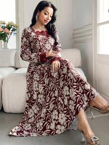 Al Najma Women's Floral Print Fashion Party & Travel Arabian Dress - Burgundy - View 3