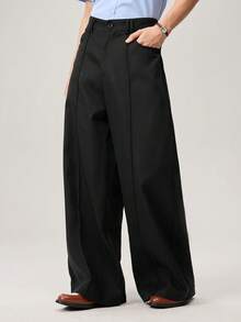Manfinity Streetrush Men's Basic Casual Solid Color Loose Fit Pants Black Wide Leg Trousers Men Baggy For Fall - Black - View 4