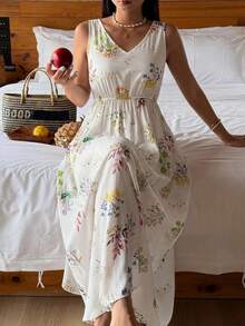 DAZY Floral Print V-Neck Waist-Cinching Long Dress, Summer Outfit Women's Nightgown - White - View 1