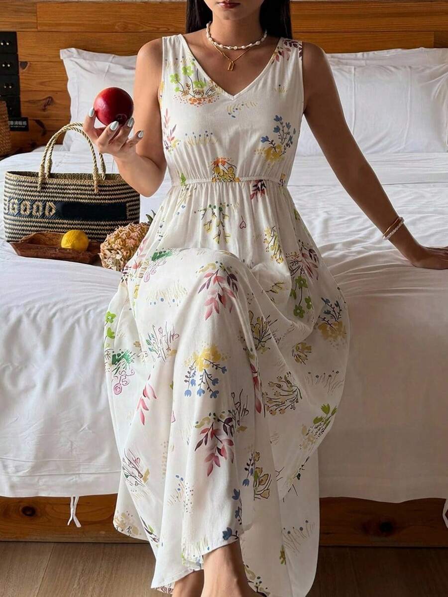 DAZY Floral Print V-Neck Waist-Cinching Long Dress, Summer Outfit Women's Nightgown - White - View 1