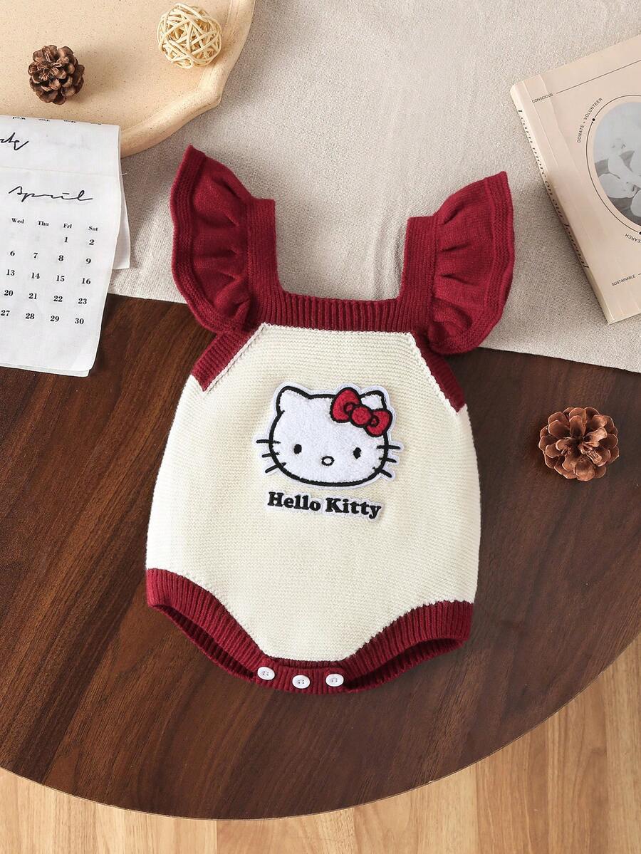 HELLO KITTY AND FRIENDS | SHEIN GraphicGems 女嬰針織連身衣，3D毛巾刺繡方領荷葉袖，簡約可愛淑女風卡通圖案，紅色米色，適合春秋冬季新生兒外出、派對、假期與戶外玩耍
