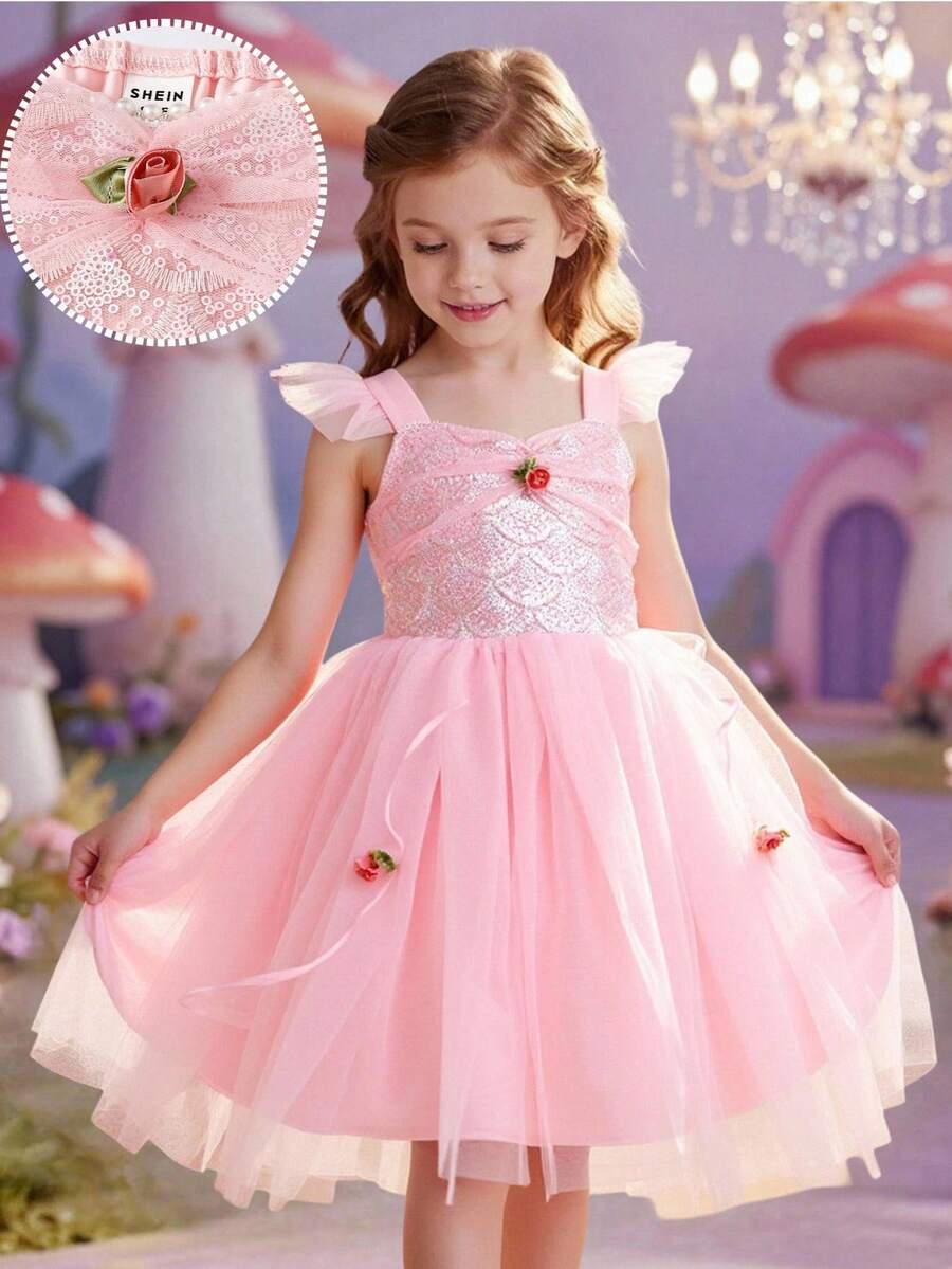 SHEIN Glamorique Kids 女孩公主洋裝,細肩帶搭配荷葉袖,粉色薄紗公主長裙,亮片,舞會禮服,優雅正式洋裝,畢業禮服,夏季洋裝 - 粉色 - 查看 1