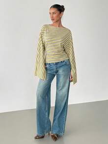 Siren Gaze Retro Striped Boat Neck Loose Top | Batwing Sleeve Slimming Cropped Top - Casual Vacation/Everyday Style - Green - View 4