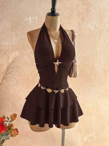 Soleia Women's Vacation Beach Vacation Backless Halter Mini Dress Dark Brown Summer Sexy Tropical - Coffee Brown - View 4