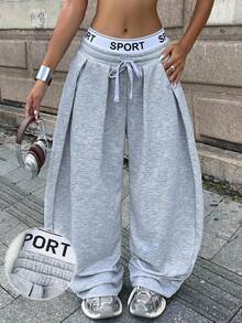SHEIN Teen Girls Light Gray Patchwork Elastic Waist Casual Loose Sweatpants Banana Pants - Light Grey - View 1