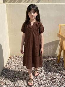 Dazy Kids 女童純色V領休閒日常夏季洋裝 - 棕色 - 查看 1