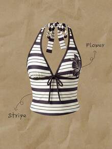 Elavelle Top de bikini tipo tank top con tirantes finos y lazo, estampado aleatorio, para mujer, primavera/verano - Multicolor - View 4