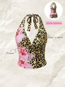Elavelle Top de bikini con tirantes finos y lazo con estampado aleatorio para mujer, primavera/verano - Multicolor - View 5