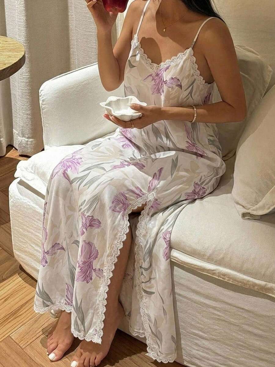 DAZY 花卉印花高開衩細肩帶洋裝 夏季女款睡裙 - 白色 - 查看 1