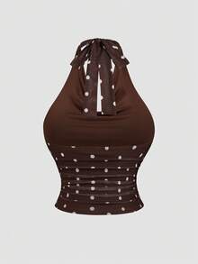 Sweetra Damen 2-teiliges Set: Spaghettiträger-Cowl-Neck-Pullover-Camisole-Top & figurbetonter Rock mit Polka-Dot-Blumenmuster und Meerjungfrauen-Saum, eleganter Vintage-Urlaubsstil - Kaffeebraun - Übersicht 7