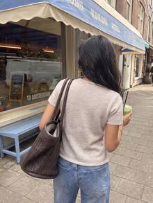 SHEIN PariChic 女款中式美式針織上衣 夏季手工盤扣優雅法式短袖 米色 適合早午餐、辦公室、茶會 - 淺灰色 - 查看 2