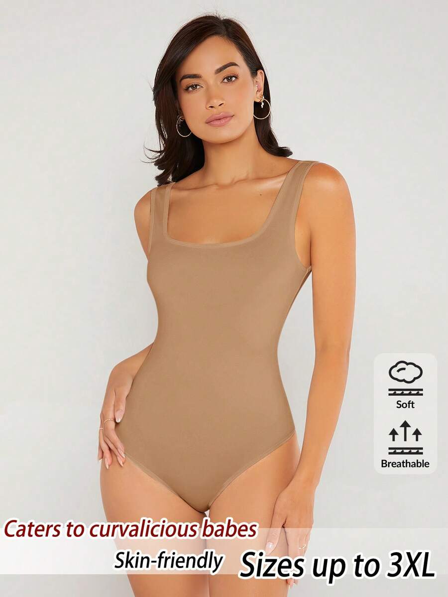 SHEIN BASICS 大尺碼女款純色修身百搭日常連身衣 - 杏色 - 查看 1