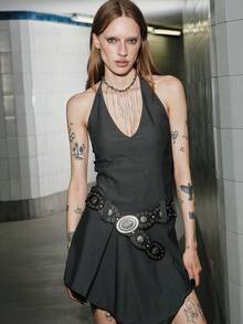 MortiRose 1条牛仔风波西米亚西部风女式腰带，粗犷牛仔腰带，时尚配饰，花朵扣椭圆形腰带，适合搭配连衣裙、裤子，适用于派对、海滩、音乐节、度假等场合。 - 黑色 - 查看 8