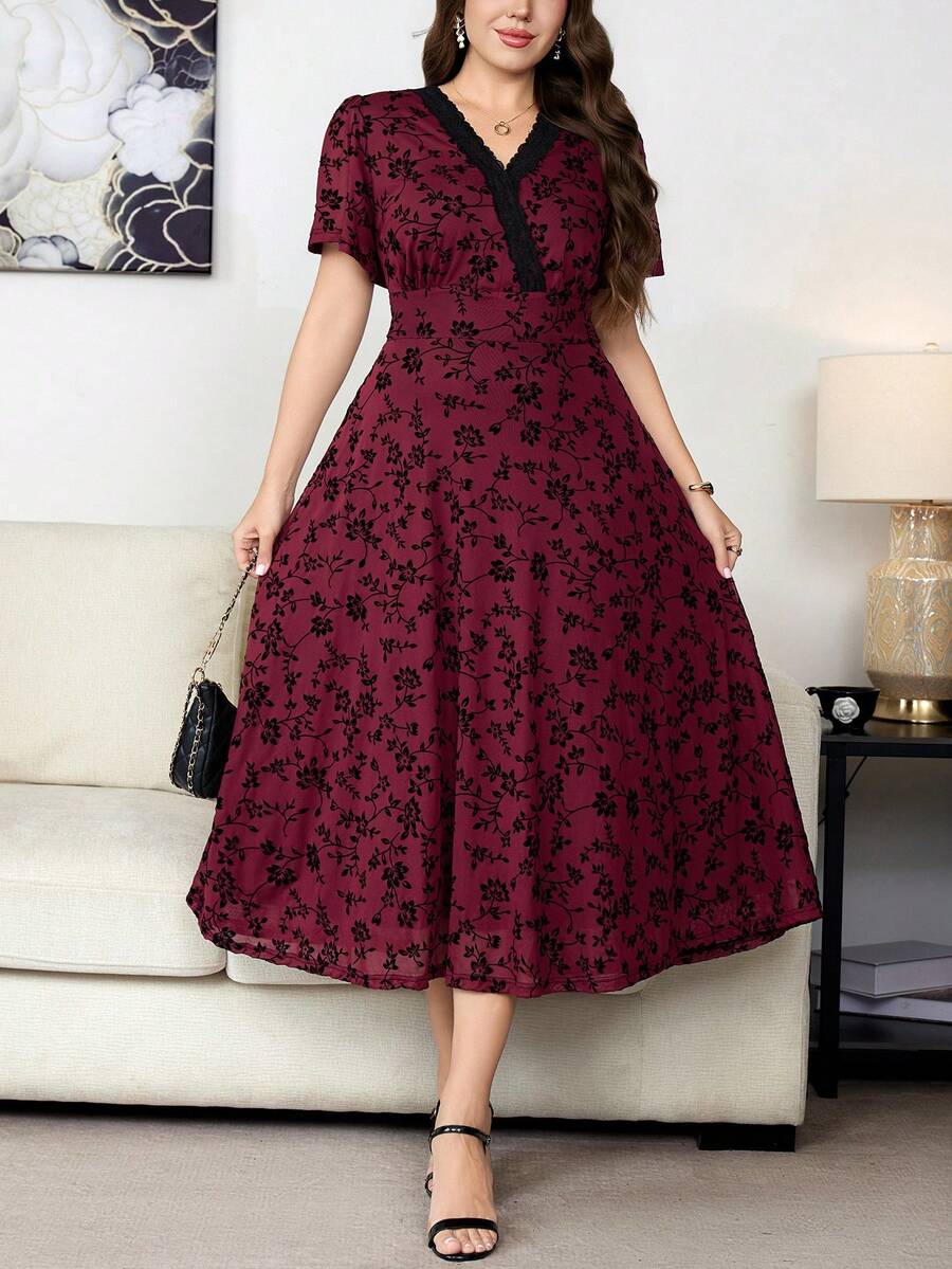Reflora Plus Size Allover Floral Print Contrast Lace Dress - Multicolor - View 1