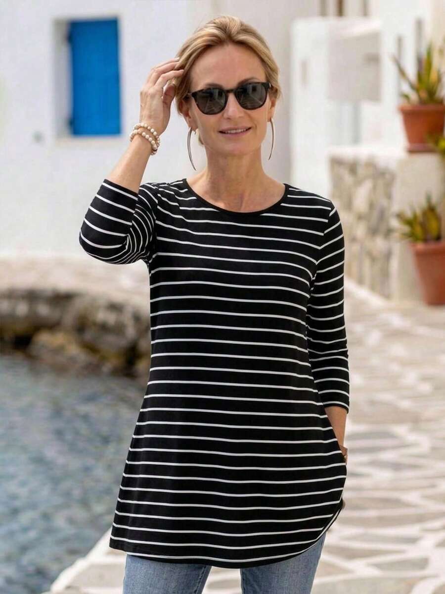 SHEIN LUNE Women Autumn Casual Striped Long Sleeve T-Shirt - Black - View 1