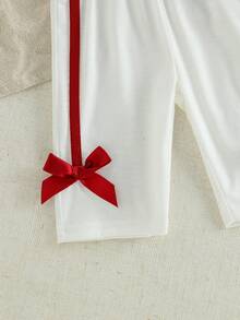 SHEIN 新生女嬰白色紅配色套裝，4件短袖衣物附3D蝴蝶結，0-9個月嬰兒夏季禮物 - 紅白色 - 查看 4