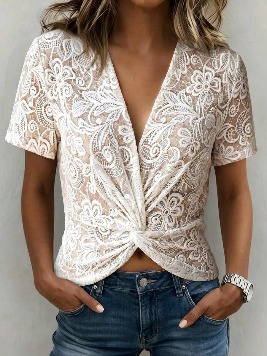 SHEIN Women's Elegant Sophisticated Light Gray Floral Print Twist-Front Top For Women With V-Neck And Short Sleeves,Featuring Digital Floral Print,Holiday