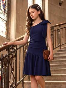 SHEIN Tween Girls Elegant Back To School Navy Blue Asym Neck Removable 3D Bow Slvless Textured Dress With  Polyester Sixth Form,Graduation,Party - Navy Blue - View 8