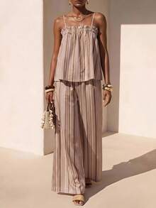 Zivah New Summer Casual Vacation Commuting Loose-Fitting Beige Tank Top + Wide-Leg Pant Two Pieces Set, Suitable For Everyday Wear, Music Festivals, Boho - Multicolor - View 4