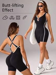 Dewbera Dewbera Women's Criss-Cross Back Sports Athleisure Romper Gym Black And White Summer - Black - View 1
