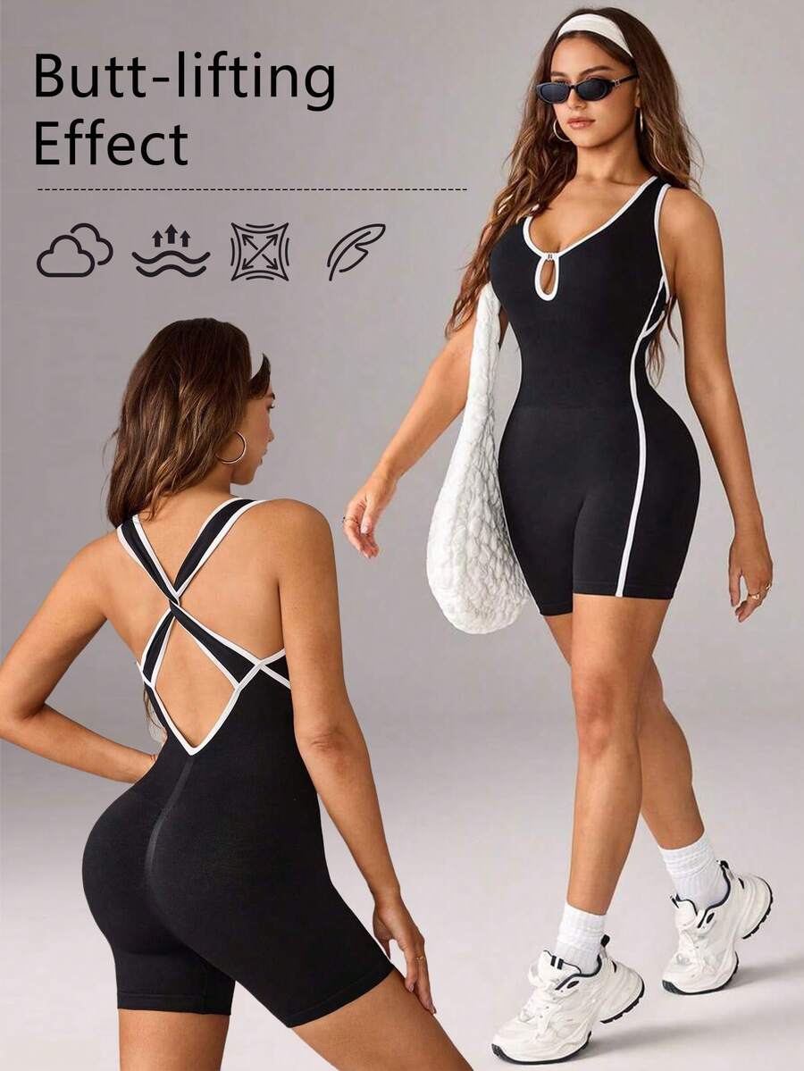 Dewbera Dewbera Women's Criss-Cross Back Sports Athleisure Romper Gym Black And White Summer - Black - View 1