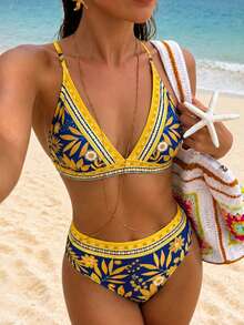 Swim Lushoire Conjunto de bikini de dos piezas con estampado floral sexy y de moda para mujer, traje de baño de verano para la playa (estampado posicionado) - Multicolor - Ver 1