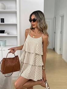 Easowa Multi-Layer Ruffle Hem A-Line Spaghetti Strap Dress With Yarn-Dyed Blue And White Striped Pattern Beach Summer Boho - Multicolor - View 1