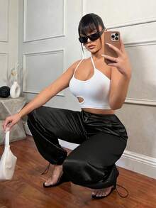 SHEIN SXY Streetwear Spring Festival Clothing Satin Work Pants Women Trousers With 3D Pockets - Black - View 5