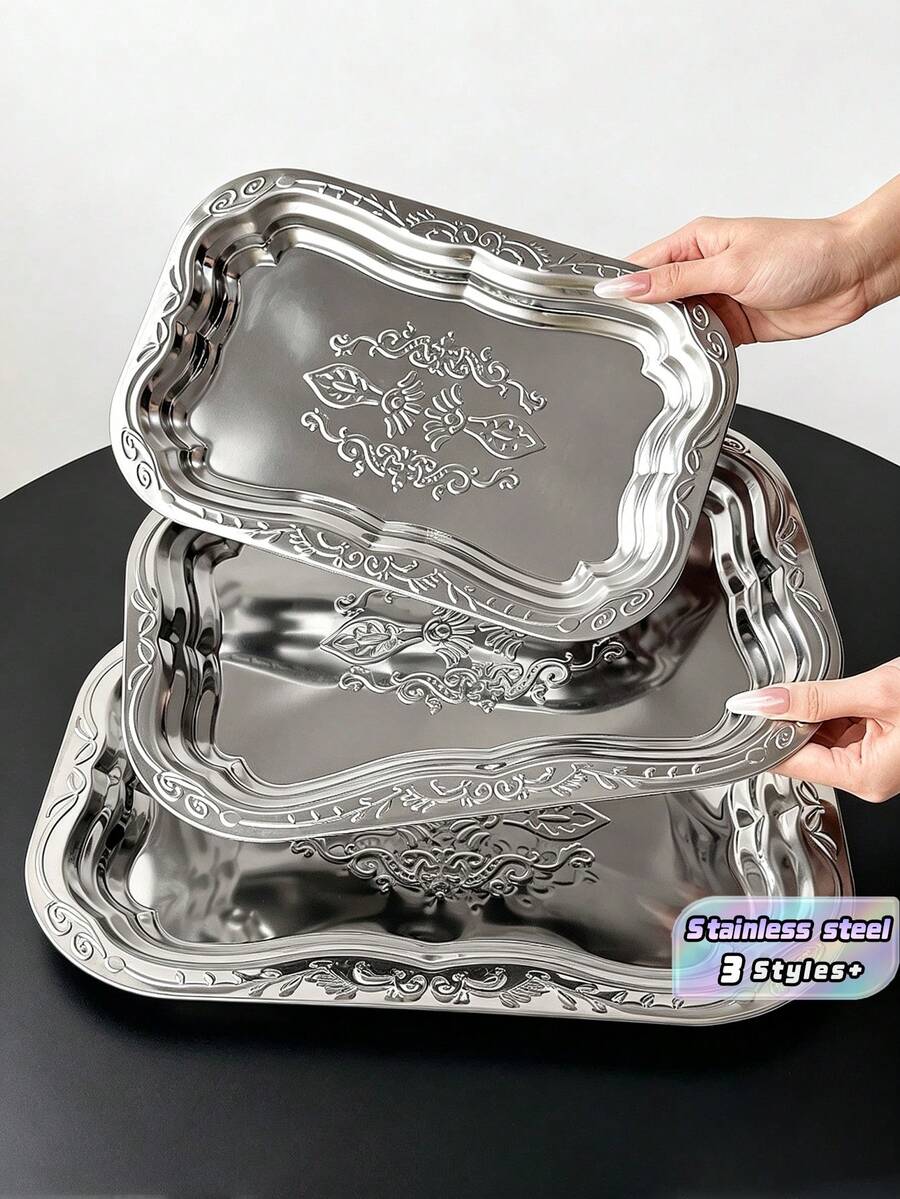 1PC Stainless Steel Multi-Purpose Rectangular Tray, Embossed Metal Fruit Bowl, Stainless Steel Decorative Tray, Jewelry And Cosmetics Storage Box, Bathroom Shelf, Storage Tray - Silver - View 1