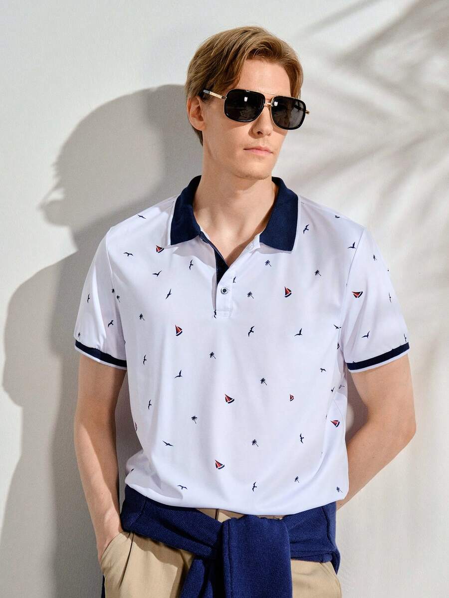VeloEdit Men Allover Print Contrast Trim Half Button Collar Graphic Tropical Funny Polo Formal Shirt, For Golf, Ceremony - White - View 1