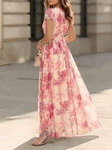 SHEIN LUNE Blue Floral Print High Waist Romantic Elegant A-Line Short Sleeve Midi Dress For Women - Multicolor - View 2